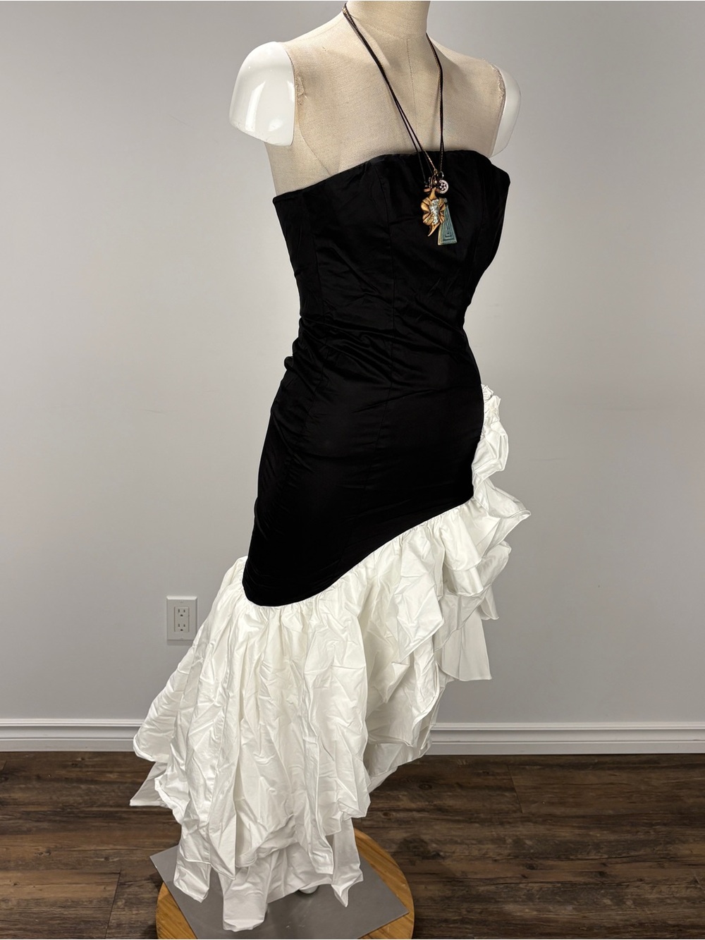 BABYBOO Angelina Black White Strapless Ruffle High Low Maxi Dress XS